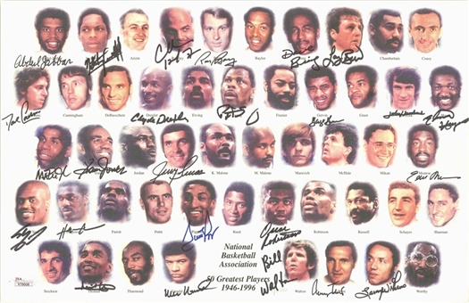 NBA 50 Greatest Players 11x17 Litho With 25 Signatures Including Bird, Robertson and Ewing (JSA)